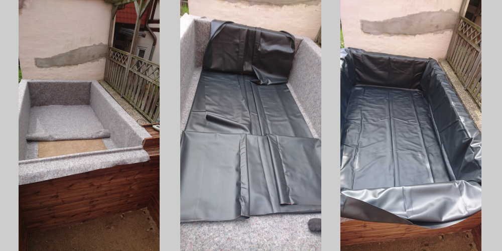 Verlegen der Folie im Pflanzenbecken